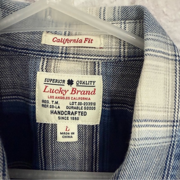 LUCKY BRAND MENS CALIFORNIA FIT INDIGO WESTERN PLAID PEARL SNAPS SHIRT LARGE - Picture 4 of 8